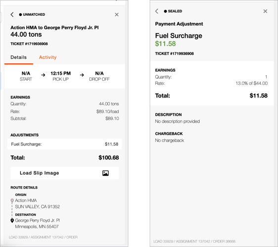 Screenshot of a Trux payment adjustment screen showing load details for 44 tons. Includes fuel surcharge of $11.58 and total earnings of $100.68. The second panel shows fuel surcharge breakdown at 13% of $44.00. No additional description or chargeback information is provided.