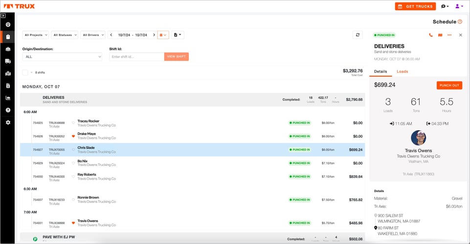 The image shows the Trux platform displaying shifts for sand and stone on October 7. Drivers, including Tracey Rocker and Travis Owens, are "Punched In." The right panel shows Travis Owens' shift details, including $699.24 earnings, 61 tons hauled, and 5.5 hours worked, with a "Punch Out" button.