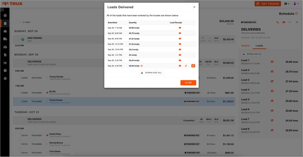 Screenshot of the Trux platform showing delivery details for sand and stone loads. Includes trucker names, load quantities, timestamps, and receipt icons. A pop-up window displays "Loads Delivered" for September 30 with details like submission times, tonnage delivered, and receipt downloads.