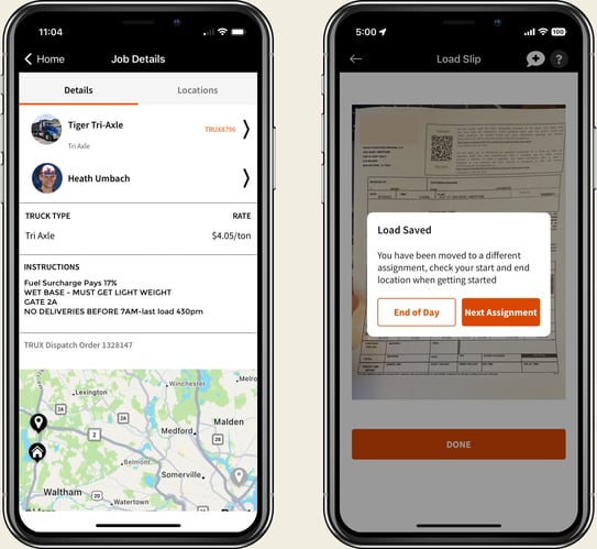 Screenshot of Trux Drive mobile app showing job details and load slip confirmation. The job details page displays truck information, rate, job instructions, and a map. The load slip screen shows a "Load Saved" alert, notifying the user to move to a different assignment.