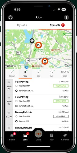 The Trux Drive mobile app's "Available Jobs" screen showing available trucking jobs for I-95 Paving and Fenway Park Lots in Waltham, MA. Displays job dates, times, rates, and truck types. The map shows job locations, and the status for each job is marked as "Requested" or "Available."