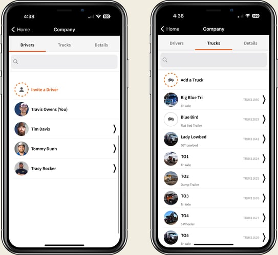 Screenshot of the Trux Drive mobile app "Company" screen showing two sections: Drivers and Trucks. The Drivers tab lists drivers like with an option to invite new drivers. The Trucks tab displays available trucks, with options to add more trucks.