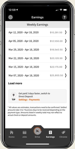 Screenshot of the Trux Drive mobile app "Earnings" screen displaying weekly earnings summaries. Dates range from March 7 to April 18, 2020, with amounts varying from $10,281.50 to $25,800.50. A tip encourages users to switch to direct deposit for faster payment.