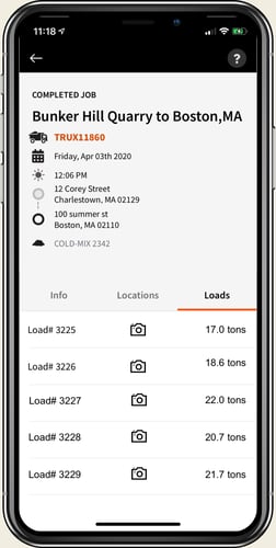 Screenshot of Trux Drove mobile app showing a completed loads from Bunker Hill Quarry to Boston, MA. Includes details such as date, locations, material type, and load information. Displays five loads with tonnage ranging from 17.0 to 22.0 tons, each with a photo icon for load slip access.