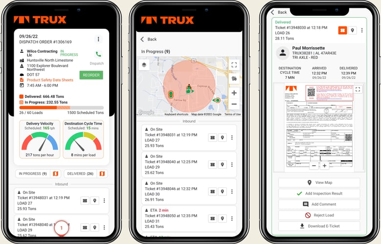 Screenshot of Trux Delivery Tracker showing tons delivered, delivery velocity, truck location, and ETA. Includes individual load details with tonnage, driver information, and an electronic load ticket. Features options to add comments, reject loads, or download e-tickets.